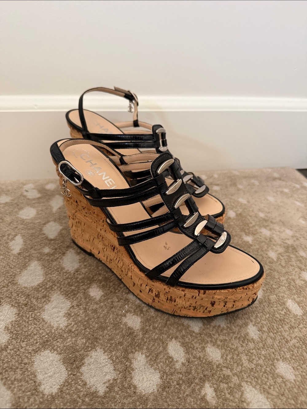 CHANEL Black Leather Cork Wedge Sandals with Silver Hardware